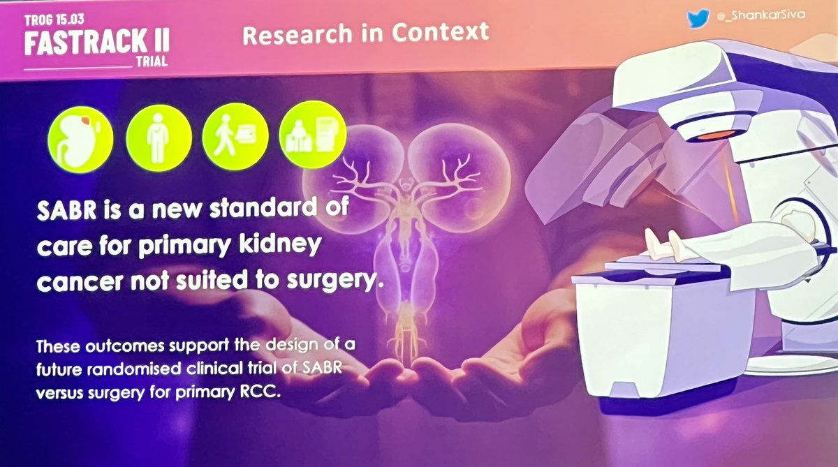 🔥🔥🔥FASTRACK II trial presented by @_ShankarSiva SABR/SBRT for kidney cancer. 26 in 1 for <4 cm and 42 in 3 if >4 cm. ⭐️ Local control 100% 🤯 ⭐️ cancer specific survival 100% ⭐️ freedom from distant Mets 92% @ 5 yrs #ASTRO23