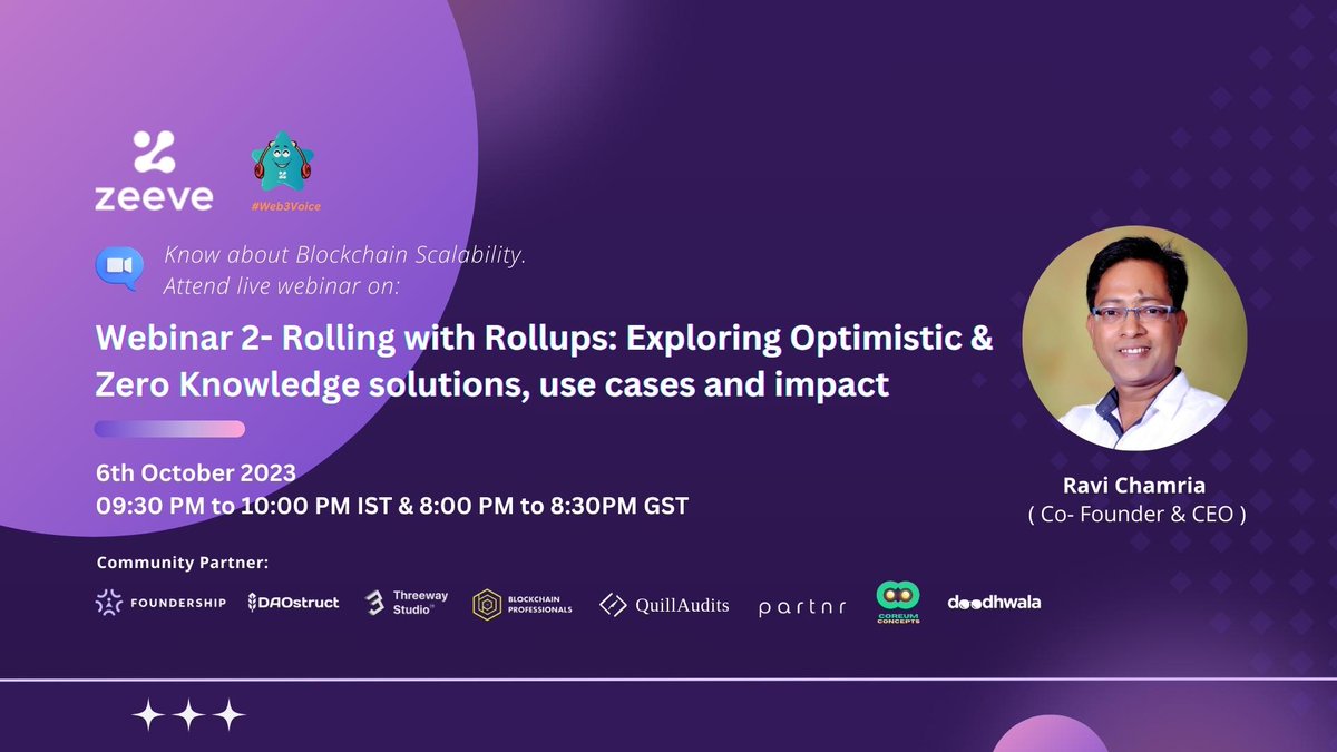 0xZeeve's tweet photo. Let us “Roll with the #Rollups” on the 6th of October when Dr. Ravi Chamria takes the stage to present his Masterclass. 🏫📈
Explore #Optimistic and #ZeroKnowledgeSolutions, Use Cases, Impact, and more with our esteemed industry expert at 8:30 PM Dubai Time on the 6th of October! ⚖️⛓️📦
🔗 Register here: https://t.co/Jrf4BbrzXc
⌚ 6th October ‘23: 9:30 PM IST / 8:30 PM GST (Dubai Time)
⭐ Topic: Rolling with Rollups: Exploring Optimistic & Zero Knowledge Solutions, Use Cases and Impact.
🌟 Presenter: Dr. @RPchamria, Cofounder & CEO, Zeeve
#Rollups #ScalingSolution #Blockchain #Layer2 #BlockchainScaling #ScalabilityTrilemma #Web3Solutions