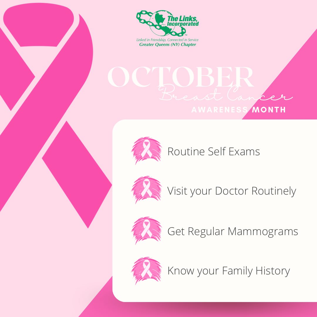 The key to it all is the very first step, the screening mammogram! Please join #GQLinks and don’t delay in making your appointment for a mammogram!

#GreaterQueensLinks #EALinks #linksinc #BreastCancerAwarenessMonth