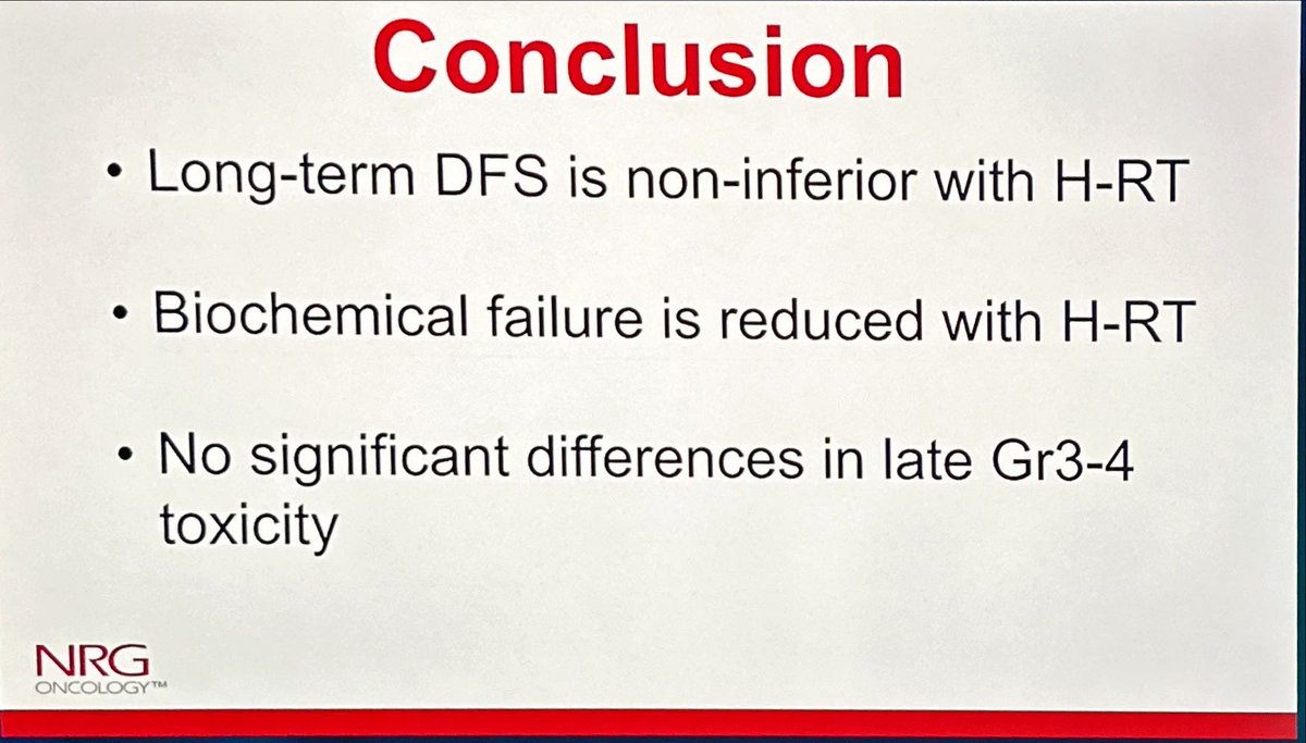 Dr Rob Lee presents long term results of RTOG 0415 comparing 79Gy in 39 fractions versus hypofractionated RT. ⬇️ biochemical failure and no  increase in toxicity.