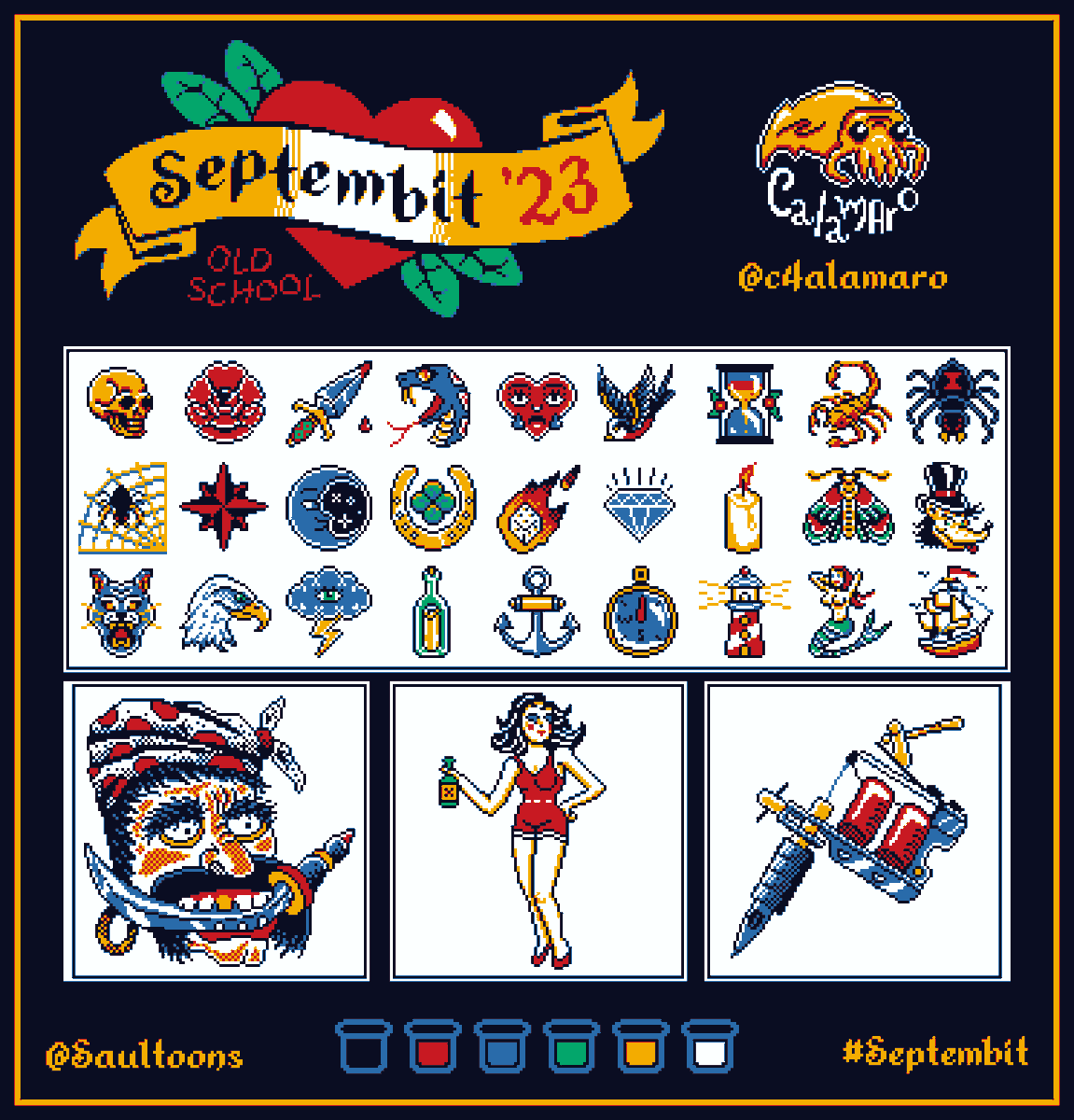C4lamaro's tweet photo. Challenge completed!
Thanks, @Saultoons, for the great idea. It felt like doing a pixel art flash day, and now I have my own Sailor Jerry 8bit flag. hahaha
#septembit
#pixelstudioteam #oldschool #pixelart #retrogames #pixelartist @pixelstudioteam #Retro #tattoo #art #tradtattoo https://t.co/UPxDV1eXWL