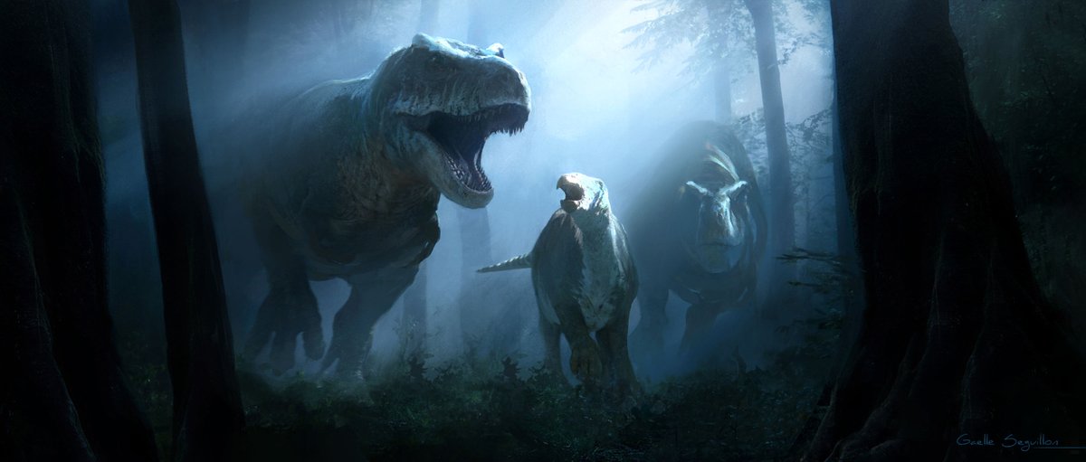 I did this concept art for #PrehistoricPlanet 2 for the NORTH AMERICA episode.
As night falls, Tyrannosaurus brothers hunt an Edmontosaurus under the cover of darkness in the forest.
High res : artstation.com/artwork/LRve5K