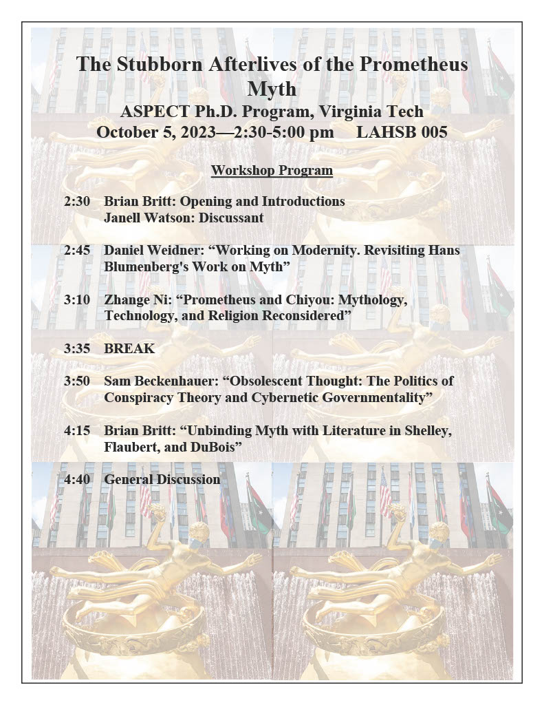 BeckenhauerSam's tweet photo. This Thursday, I will be discussing how the myth of Prometheus might help us understand contemporary conspiracy theories. The event will be held on Thursday (10/5) 2:30-5:00 in the CLAHS Dean’s Building, room 005. Really looking forward to it. https://t.co/nx2SJ3HuNU
