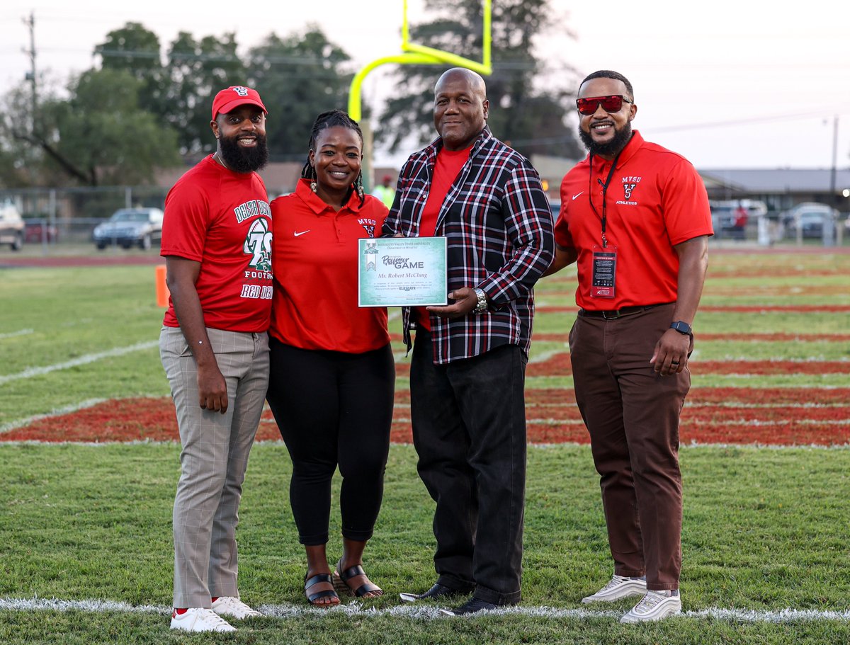 This week’s “Professor of the Game” is Mr. Robert McClung from the HPER Department. Joining him on the field is Athletic Director Hakim McClellan, Director of Athletic Academic Support Gloria Newell, and Senior Associate Athletic Director for Compliance Jarrad Ratliff.