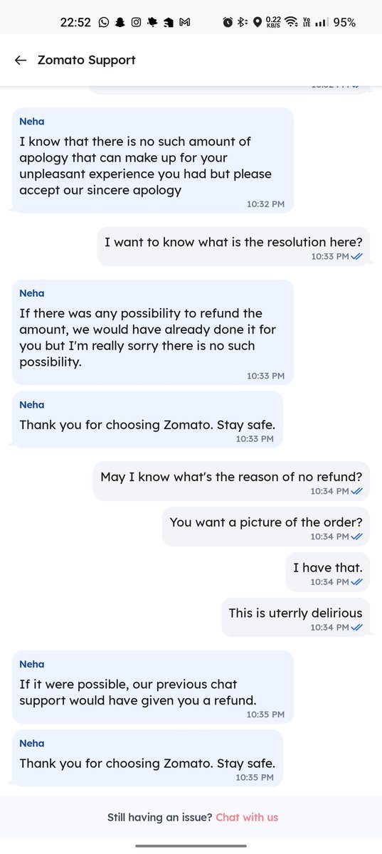 bongthebing's tweet photo. @zomato @zomatocare Also, when I asked for a second time they abruptly end the chat.
The actual Mcspicy wrap costs Rs 226 and two of them were missing from @mcdonaldsindia.
#zomato #unfair #worst #badcustomersupport https://t.co/UvtqL1cBUk