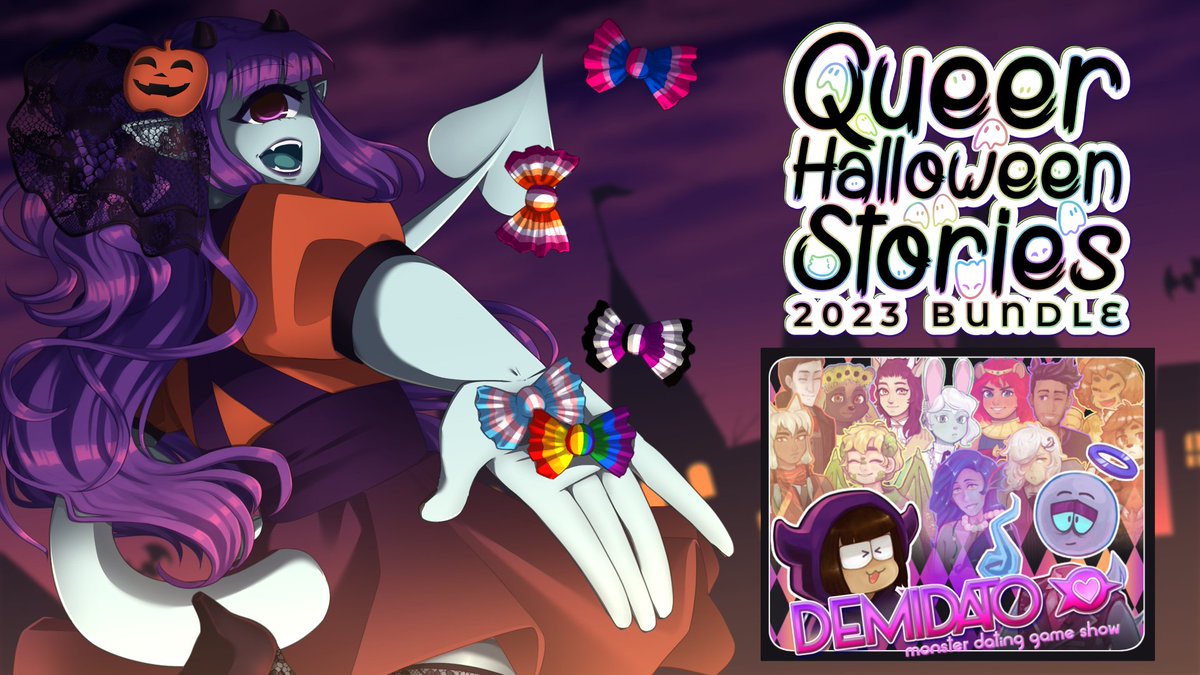 TRICK OR TREAT - or just treat, because DemiDato is featured in the #QueerHalloweenStoriesBundle this year!🎃
Now's your chance to star in a goofy, cheesy love letter to trash TV 🎬✨when you snag it and 80+ other games on itch! bit.ly/QueerHalloween…