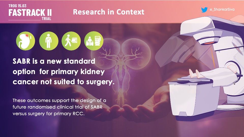 🧵5/ Tumour size ⬆️⬆️ than RCTs of PN v RN. Toxicity acceptable. As yet, there are no published clinical trials of thermal ablation; therefore, SABR is now a acceptable standard of care for inoperable RCC. FASTRACK II findings should lead to an RCT vs surgery. #ASTRO23 #radonc