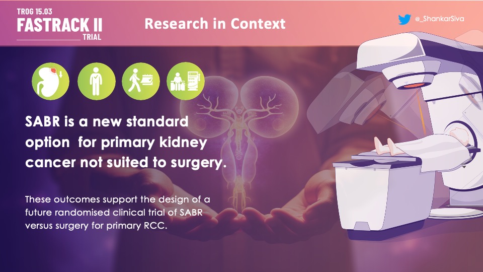 🧵5/ Tumour size ⬆️⬆️ than RCTs of PN v RN. Toxicity acceptable. As yet, there are no published clinical trials of thermal ablation; therefore, SABR is now a acceptable standard of care for inoperable RCC. FASTRACK II findings should lead to an RCT vs surgery. #ASTRO23 #radonc