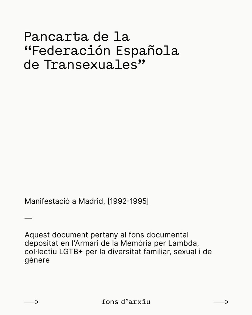 'Por nuestros derechos!' 

#arxiudelarmari 

Crèdits: 
Pancarta
Manifestació a Madrid, [1992-1995]
Autoria: Federación Española de Transexuales
Depòsit: FLCV