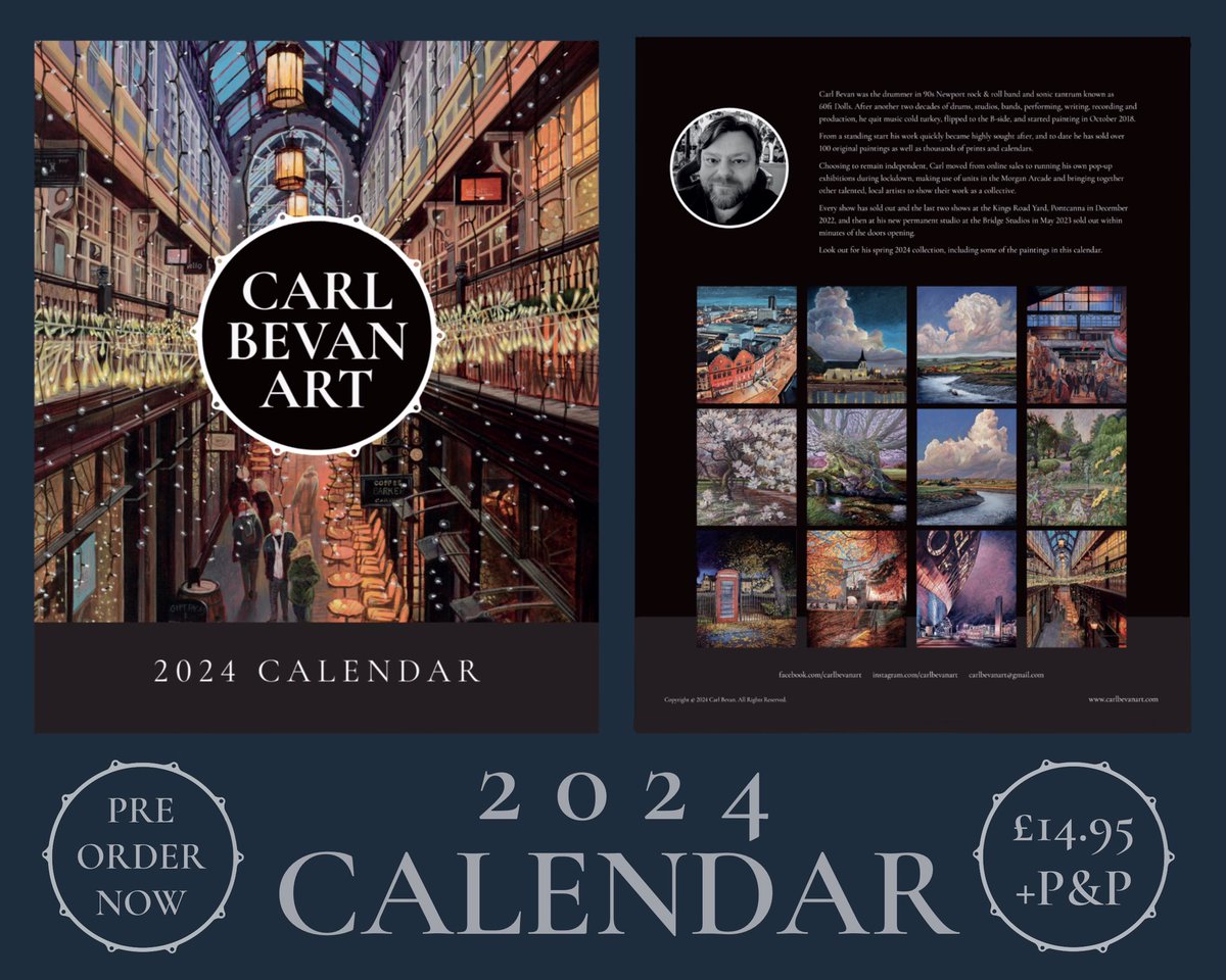 My new 2024 calendar is now available to pre order! High quality print, 12 of my recent fave paintings. It’s a fold out, centre bound format, 220mm x 542mm when opened. £14.95 + p&p or 3 for £40. Shipping worldwide late Oct. Order now at carlbevanart.com/2024calendar cheers !