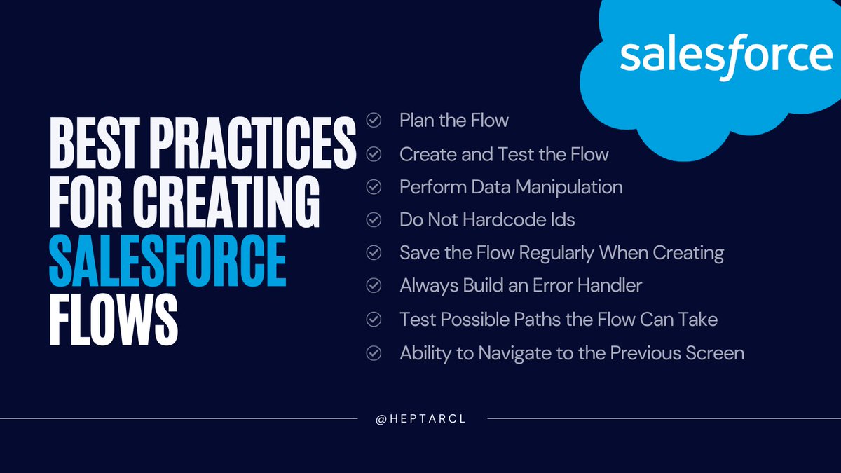 HeptarcL's tweet image. 8 Best Practices for Creating Salesforce Flows📈

Do you know more? 
Comment below:
#salesforceflow #salesforce #salesforcedeveloper