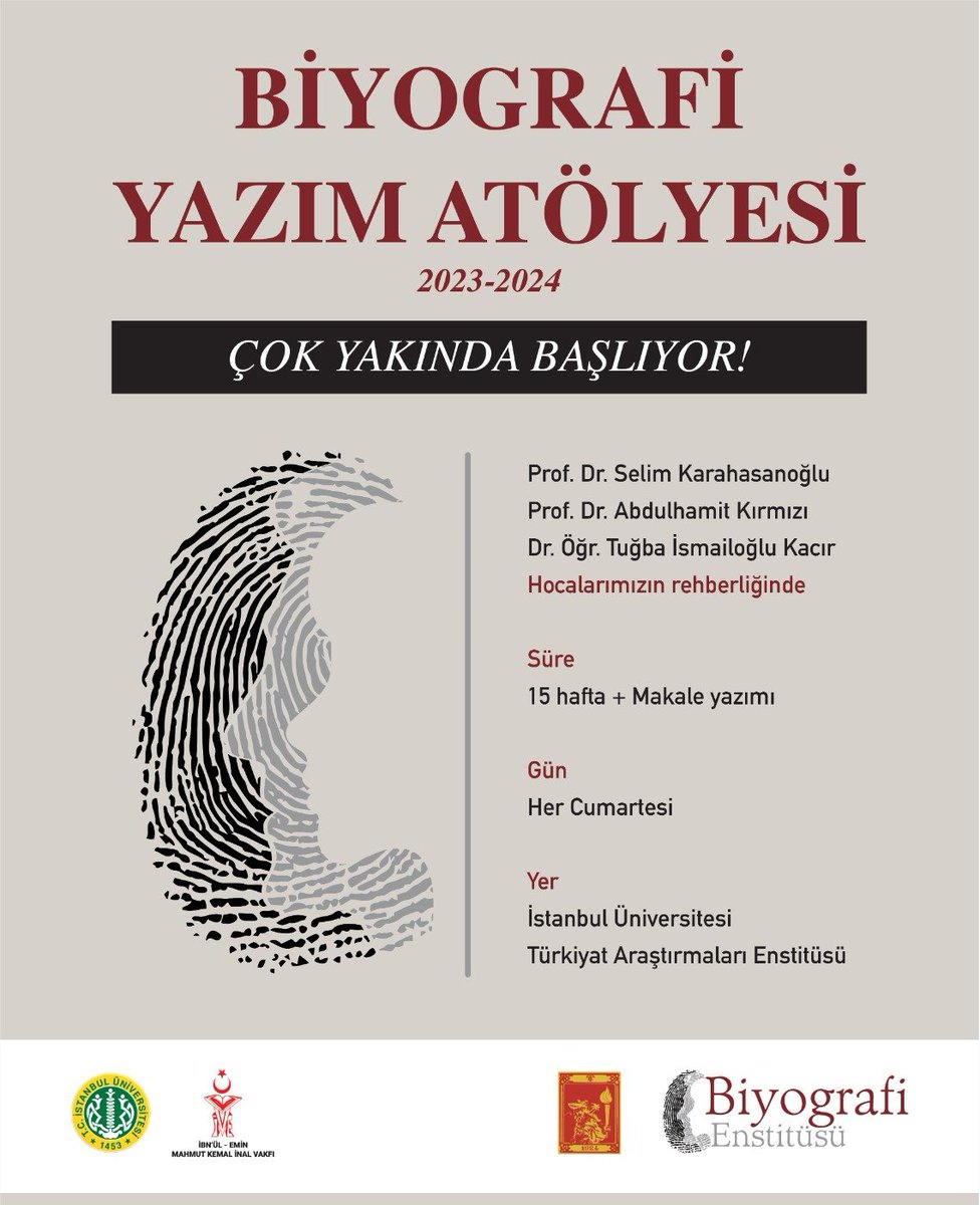 İÜ Türkiyat Araştırmaları Enstitüsü işbirliğiyle düzenlediğimiz Biyografi Yazım Atölyesi için hazırlıklarımız bitmek üzere.

Atölyede Selim Karahasanoğlu, Abdülhamit Kırmızı, Tuğba İsmailoğlu Kacır hocalarımız ders verecek.

Ön başvuru formu yakında web sitemizde yayımlanacak.