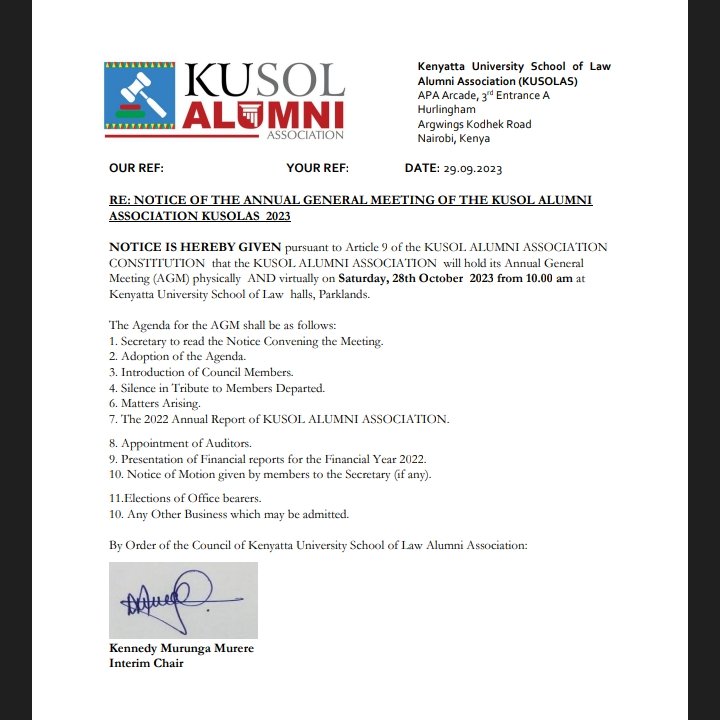 This is the Official Notice of the upcoming AGM for the Kenyatta University School of Law Alumni Association (KUSOLAS) for the year 2023. Mark your calenders!!