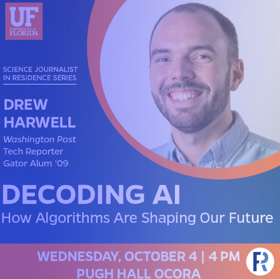 FlaReview's tweet photo. So excited to host @drewharwell, tech writer for the Washington Post and '09 Gator alum, speak about AI and how it will affect our future. Certainly a must-see event on October 4th! https://t.co/nwY82NaonH