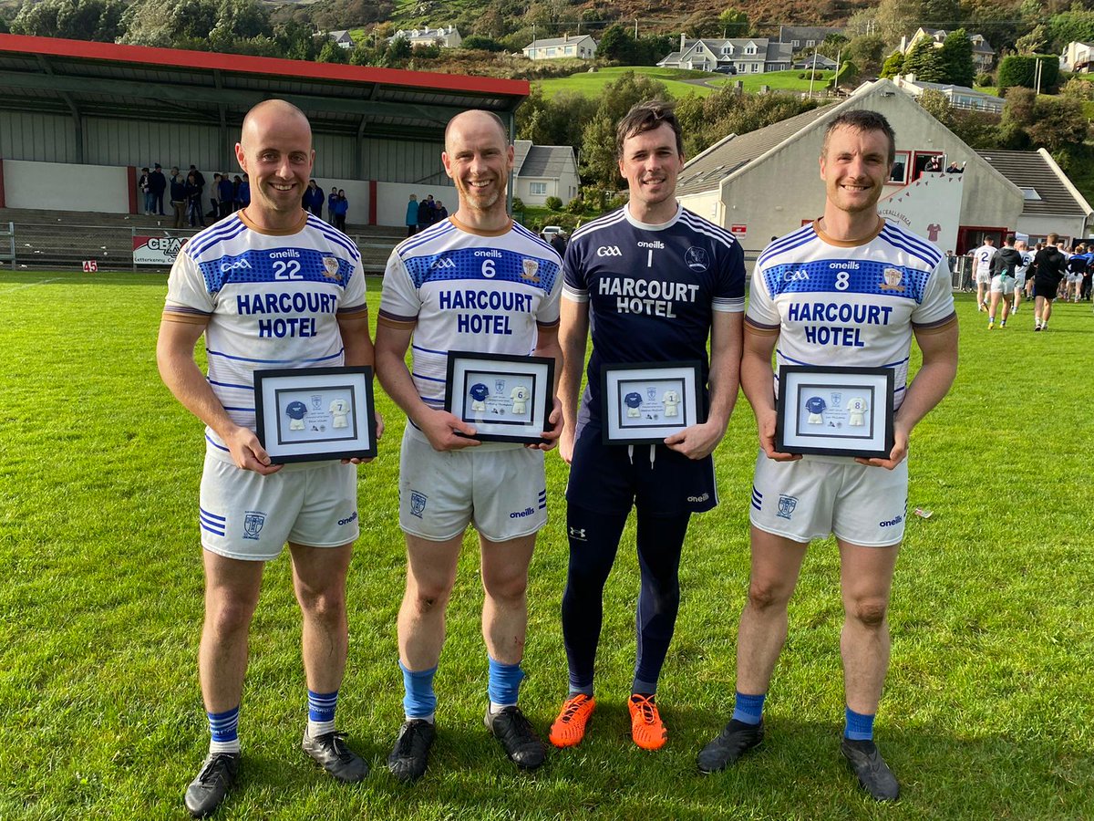 Today, we marked an exceptional occasion in Eamon Byrne Memorial Park in Killybegs with a presentation made to Eoin Wade, Anthony Thompson, Stephen Mc Grath, and Leo Mc Loone to mark their 100 championship appearances for Naomh Conaill 🔵⚪️