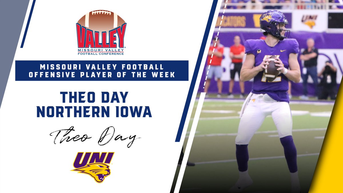 This week's #MVFC Offensive Player of the Week is <a href="/UNIFootball/">UNI Football</a> QB Theo Day.  He matched a career high with 5 TDs in a 44-41 Panther victory over No. 19 Youngstown State.   

⬇️
bit.ly/3tfxVw2