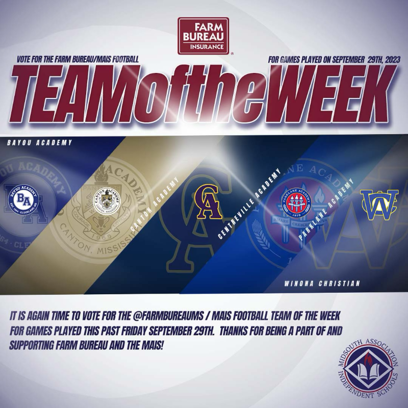 msais's tweet photo. It's time to vote for this week's "@farmbureaums /MAIS Football Team of the Week" for games played this past Friday, September 29. Thanks for participating in this endeavor, and please continue to check our Twitter page each week to see what is going on in the MAIS