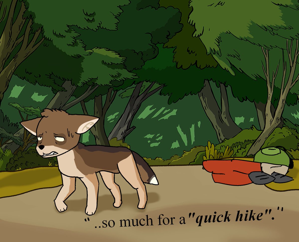 GayleBullhorn's tweet photo. MY FIRST #Octransfur 
Day 1 - Adventure

That moment when you try to go on a hike in the forest only to turn into a Coyote: 🤯

#Transfur #TFEveryday https://t.co/6Q4lvuf2my