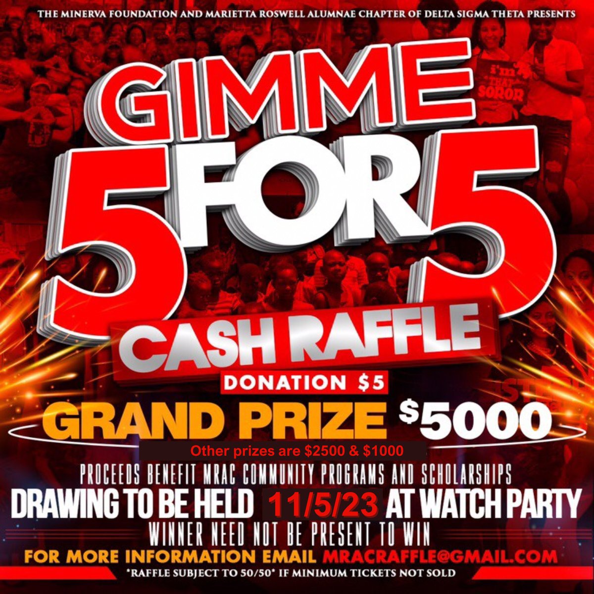 Help the Marietta-Roswell Alumnae Chapter raise funds for community programs and scholarships. With only $5, you can help us make an impact! Grand prize is $5000. There are other prizes of $2500 &amp; $1000. Text '2023Gimme5for5' to 33100  for tickets today! #gimmie5or5 #MRAC