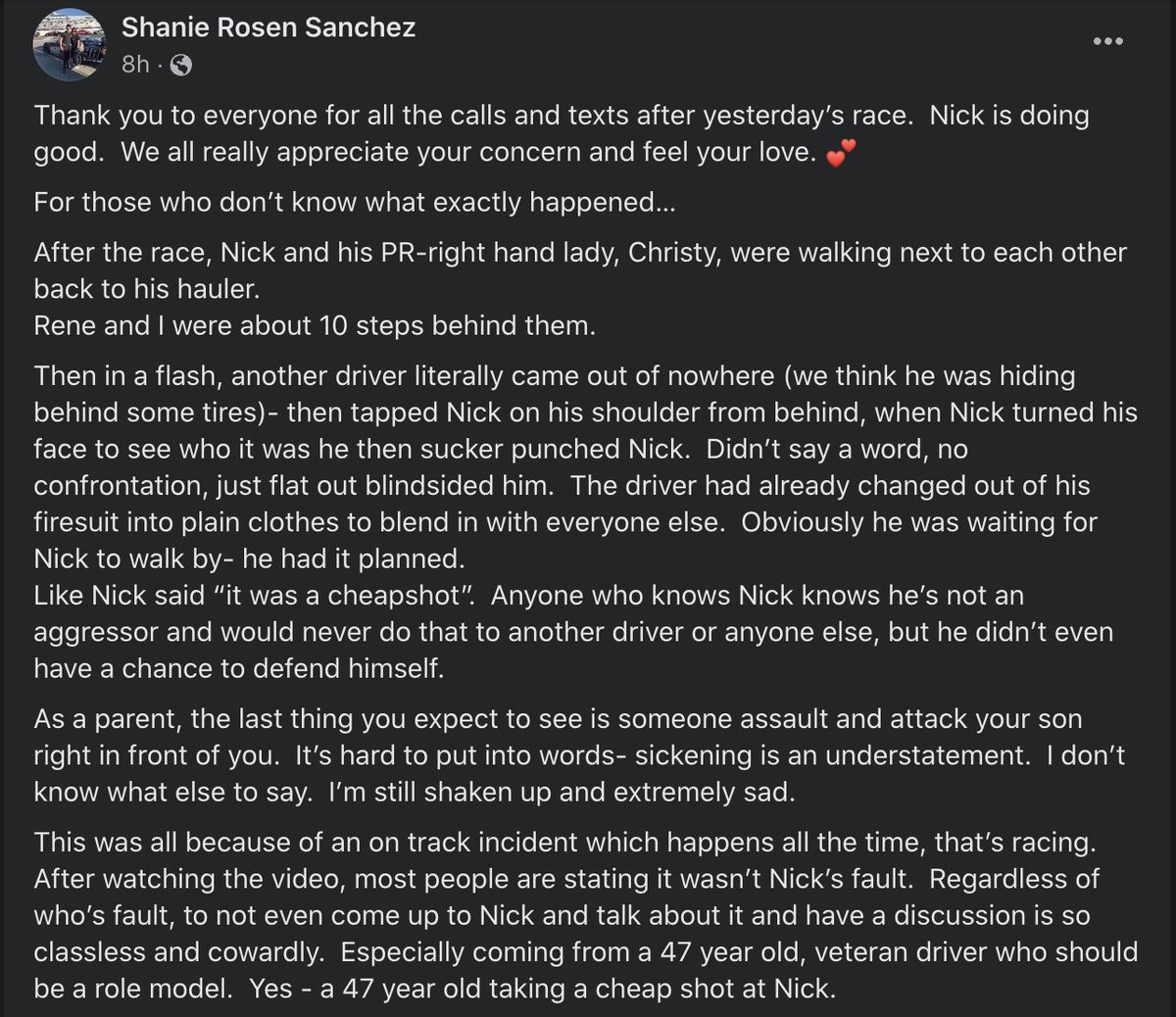 joe_srigley's tweet photo. In a Facebook post, Nick Sanchez's mom gives her account of the fight between Crafton and Sanchez at @TALLADEGA Saturday.

"[...] when Nick turned his face to see who it was he then sucker punched Nick. Didn't say a word, no confrontation, just flat out blindsided him."

#NASCAR https://t.co/wnU1q3611C