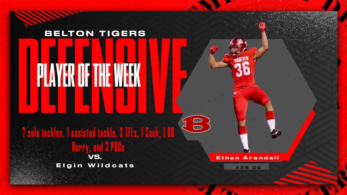 Congratulations to Ethan Arendall on being awarded Defensive Player of the Week against Elgin! The Senior was all over the field on Friday night causing mayhem in the back field of the Wildcat offense! Ethan recorded 8 total tackles, 3 TFLs, 1 sack, 1 Qb hurry, and 3 PBUs! #BTR