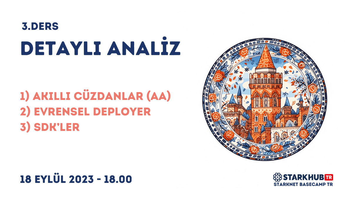 StarkHubTR's tweet photo. 📣 #BasecampTR'nin 3. dersi yarın 18:00'de başlıyor!
📩 E-postalarınızı kontrol edin!
Not: İlk 2 dersin kayıtlarını grubumuzda bulabilirsiniz ve ödevler için ek zamanınız var!
Bu hafta ele alacağımız konular:
- Account Abstraction
- Evrensel Deployer
- SDK'ler https://t.co/8dwVddqVNS