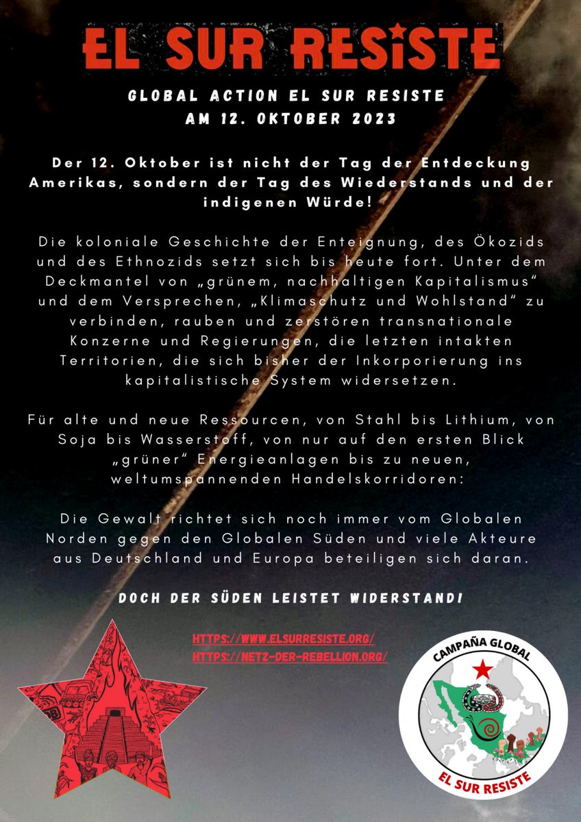 12.Oktober 2023 – Globaler Aktionstag gegen Neokolonialismus
u.a. Köln, Bremen, Hannover, Hamburg...
#NetzDerRebellion
#ElSurResiste

netz-der-rebellion.org/12-oktober-202…