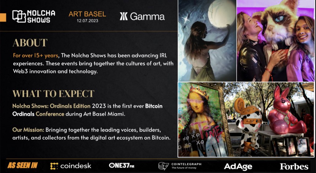 If anyone or any project is interested In sponsoring or being involved in Art Basel hit me up. 

We have 2 days planned at the Sagamore and SLS hotels with a full day BTC Ordinals Conference. 

 Message me for more info!