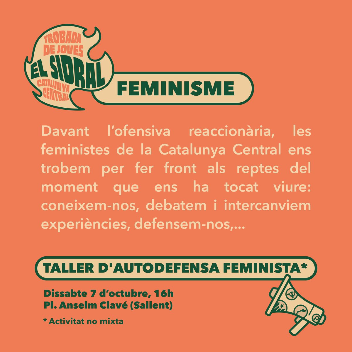 sidraltdj's tweet photo. 🟣💥 Vine al Taller d’Autodefensa Feminista del #Sidral!
🔥📢 Davant l’ofensiva reaccionària, les feministes ens trobem per fer front als reptes de moment que ens ha tocat viure.
👥👉🏽 Dissabte 7 d’octubre a la Pl. Anselm Clavé de #Sallent https://t.co/G8IpPKBl1V