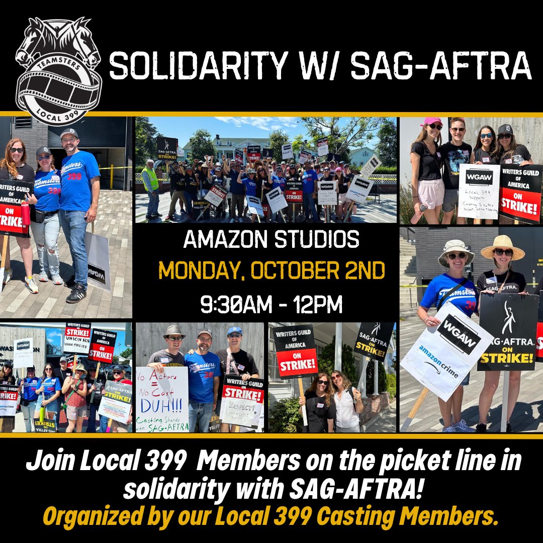 TOMORROW 🚨 <a href="/Teamsters/">Teamsters</a> continue to stand with our <a href="/sagaftra/">SAG-AFTRA</a> brothers and sisters as they return to the bargaining table tomorrow. 
🪧We will be at #AmazonStudios showing our support for a FAIR &amp; EQUITABLE contract ✊
#SAGAFTRAStrong #TeamsterStrong