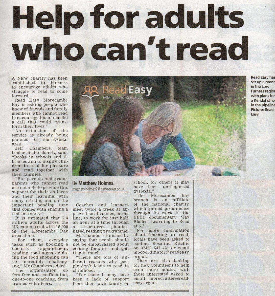 Our local paper, The Mail,  published  a great article about Read Easy Morecambe Bay this week!
#ReadEasy #ReadEasyMorecambeBay #adultliteracy #barrowinfurness