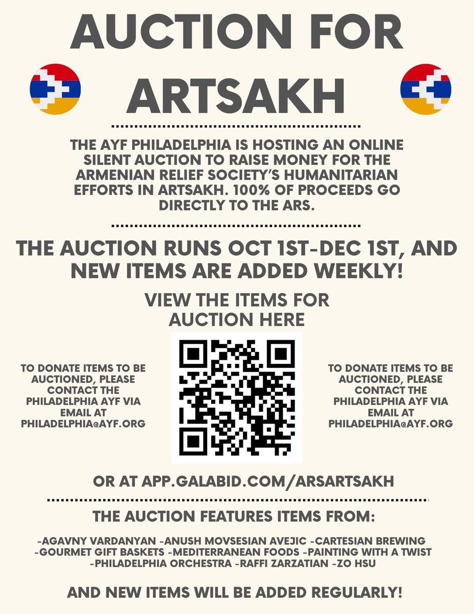 HyeRaffi's tweet photo. The Philly #AYF silent auction for #ARS humanitarian aid fot #Artsakh launched today, with FANTASTIC donations!! Many listings are for Philly businesses, but there’s many that can be shipped anywhere in the US too! Check back frequently as we add new items weekly! https://t.co/J4ppbPBbEE