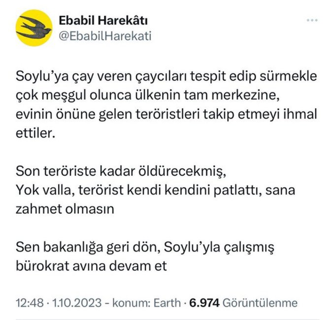 Ankara Kızılay'daki İçişleri Bakanlığına terör saldırısı sonrası böyle bir paylaşım yapan  trol ordusu Liderlerinden @ebabilharekati
hesabı ve telegram hesabı kapatıldıktan sonra yöneticilerine gözaltı kararı çıkartılmış. 2’si kamu görevlisi 5 kişi aranıyormuş

Devran dönüyor mu?