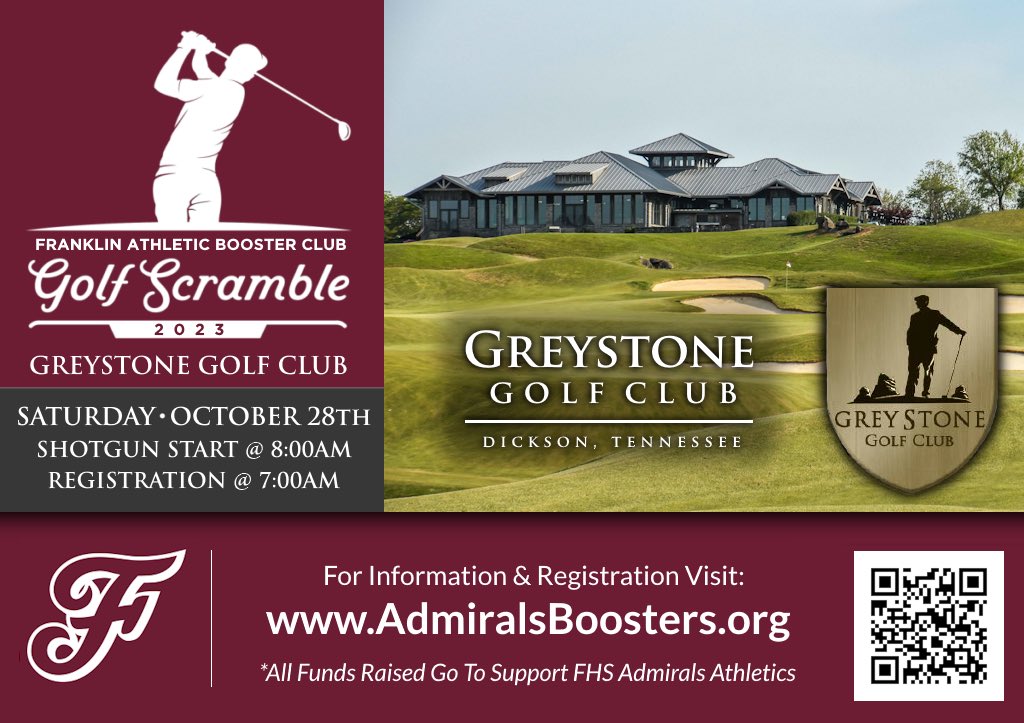 Coach J. Johnson (@wcsfhsjayj) on Twitter photo ⛳️🏀⚾️🏈⚽️🎾🏐🎳
Franklin HS Athletics will be having their second annual golf scramble fundraiser on the morning of October 28th at Greystone Golf Course. If you’d like to enter a team or be a sponsor, use the QR code below for details…
<a href="/wcsFHS/">Franklin High School</a> ⛳️🏀⚾️🏈⚽️🎾🏐🎳
Franklin HS Athletics will be having their second annual golf scramble fundraiser on the morning of October 28th at Greystone Golf Course. If you’d like to enter a team or be a sponsor, use the QR code below for details…
<a href="/wcsFHS/">Franklin High School</a>