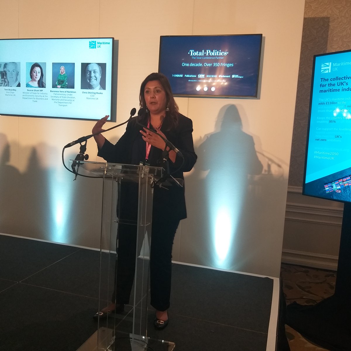 TotalPolitics's tweet photo. The @MaritimeUK reception welcomed @Nus_Ghani, @charlotteV, @CSR_MUK and Tom Broadley to discuss the opportunities for green growth, how the industry can develop &amp; the potential of increased competitiveness of #infrastructure and transport solutions for #decarbonisation #CPC23. https://t.co/T41GGGrV1U