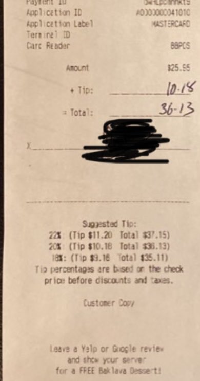 WimpyTrades's tweet image. 20% of $25.55 apparently is $10.18. I’m the idiot for being lazy to check the math on ‘suggested tip’. #tipflation #tipguide #inflation