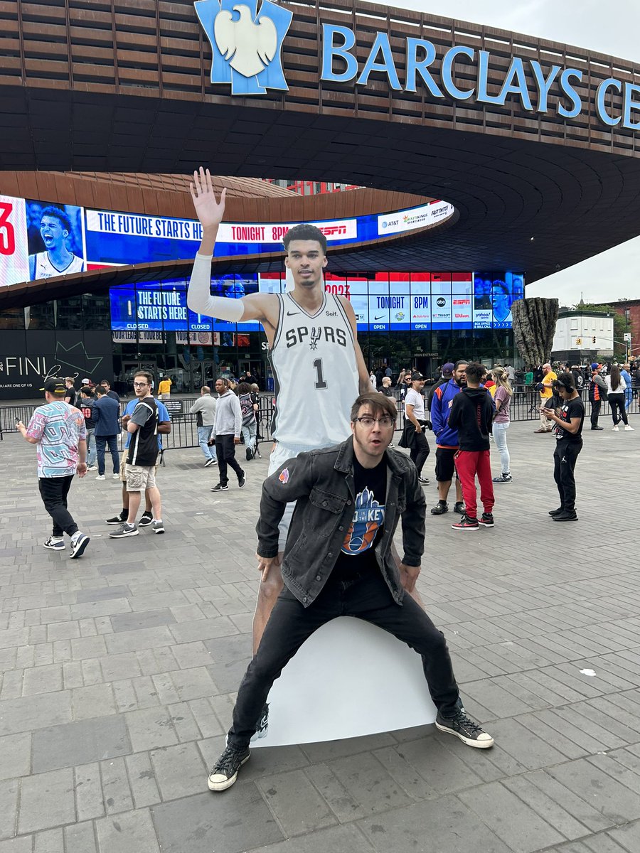 TwoInTheKey's tweet photo. Two In The Key is BACK for Season 2 starting this Tuesday!  Mark &amp; Keith discuss the @nyknicks offseason and all of the trade mania around the @NBA. Stream us everywhere you get your podcasts!
(Seen here Mark bring his trademark D to Wemby)
#Knicks
#NBA
#NBATrades https://t.co/wlrh1GUVPI