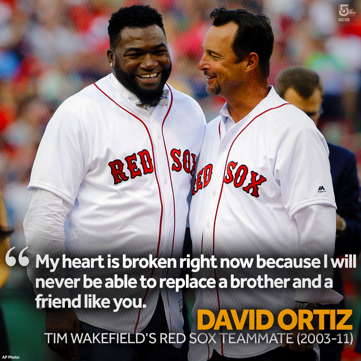 Like many in Red Sox Nation, Big Papi is grieving after learning about the death of his longtime teammate Tim Wakefield. 💔 on.wcvb.com/3LK4zfo