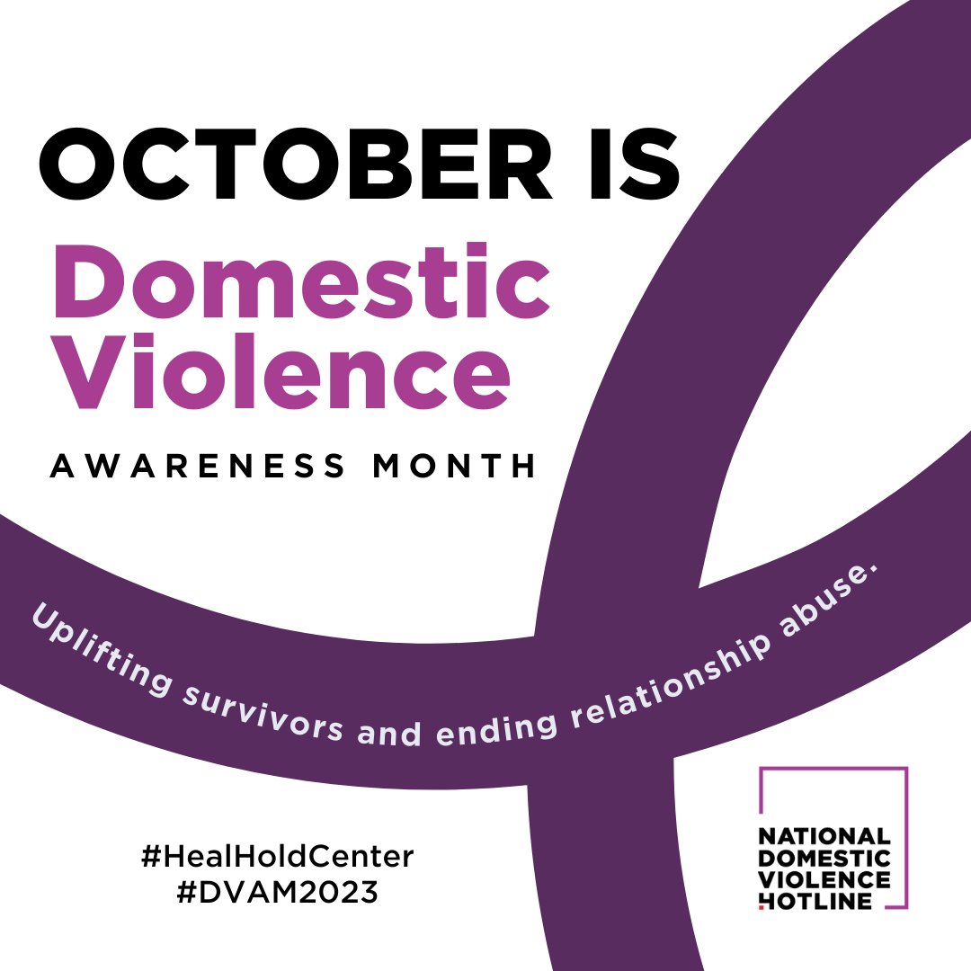 📆 October is Domestic Violence Awareness Month. Join us this #DVAM2023 to promote healthy relationships, education on what abuse is, &amp; more. This year’s theme is “Heal, Hold, Center.” What do you want to learn this #DVAM? 

#DVAM2023 #HealHoldCenter #EndDV #RelationshipAbuse