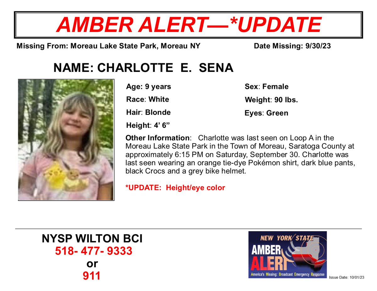 ***AMBER ALERT UPDATED DESCRIPTION*** PLEASE SHARE! NYSP has activated AMBER Alert for a child abduction that occurred near Moreau Lake State Park in Gansevoort, NY at about 6:45 PM on 9/30/2023. Anyone with any information should call the NYSP at (518) 457-6811 or dial 911.