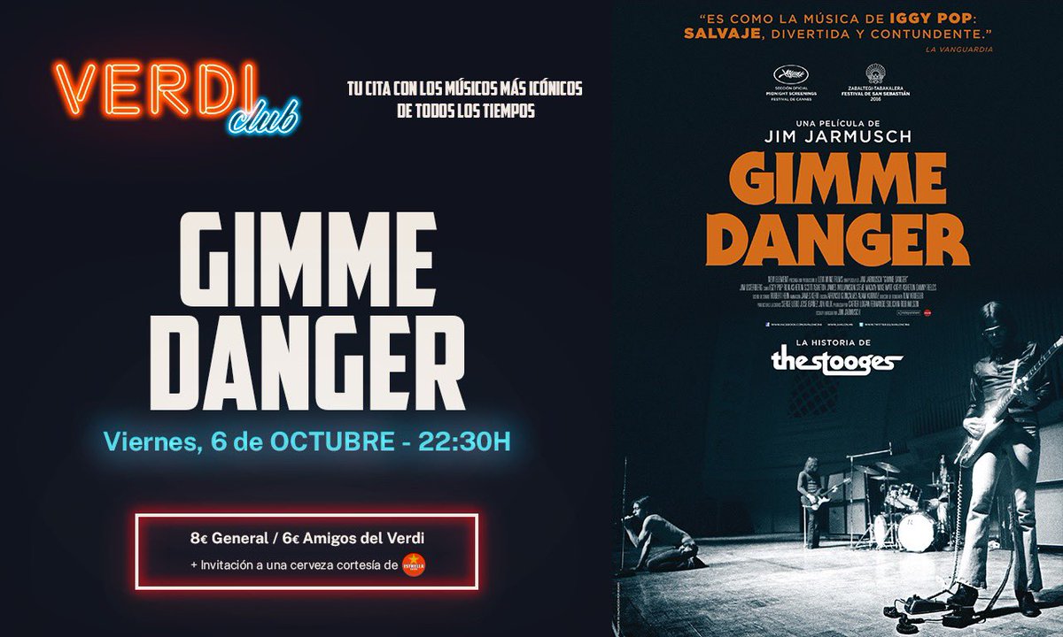 Nueva cita Verdi Club 🎤: “Gimme Danger” docu donde el gran Jim Jarmusch, narra la epopeya de The Stooges, uno de los grupos de rock más importantes de todos los tiempos. Viernes 6 de octubre a las 22:30h y con invitación a una cerveza <a href="/EstrellaDammEs/">Estrella Damm Es</a> Entradas en web.