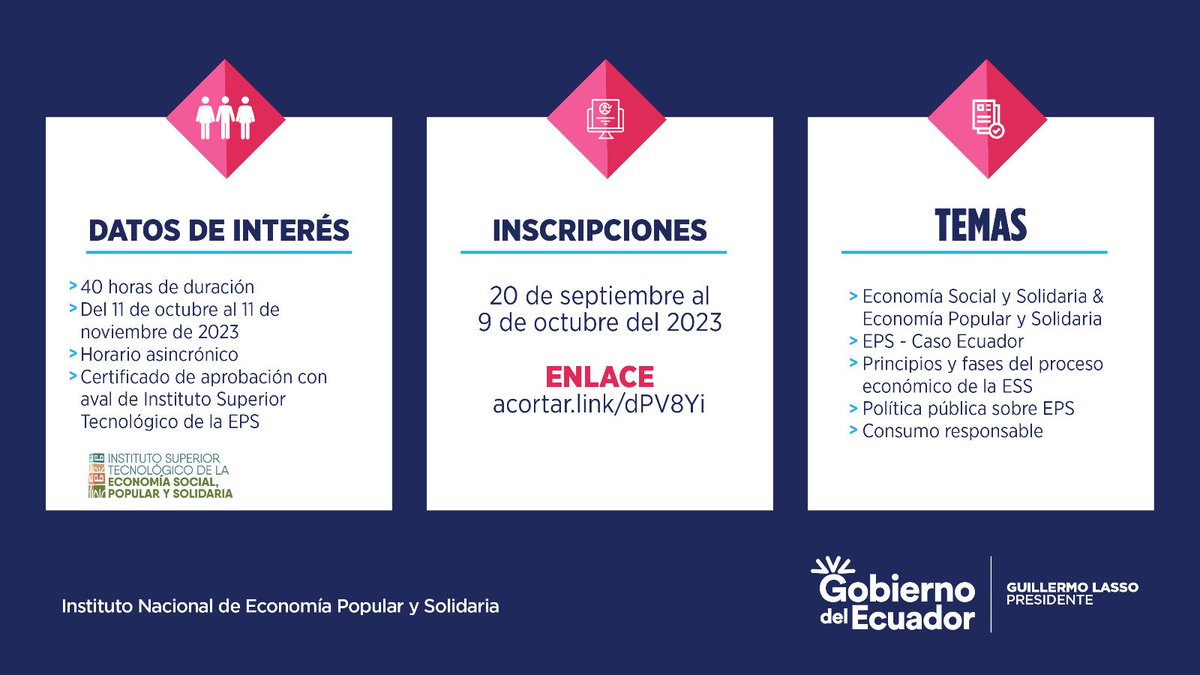IEPS_Ec's tweet photo. 👩‍💻👨‍💻#CapacítateOnline | Invitamos a funcionarios públicos a profundizar los conceptos de la #EconomíaPopularYSolidaria y participar en el curso "Formación inicial en #EPS"

Ingresa a 👉 https://t.co/Yg43rdfIoD
¡Inscripciones hasta el 9 de octubre!

#NuestroTrabajoContinúa https://t.co/oGKuPtv4QZ