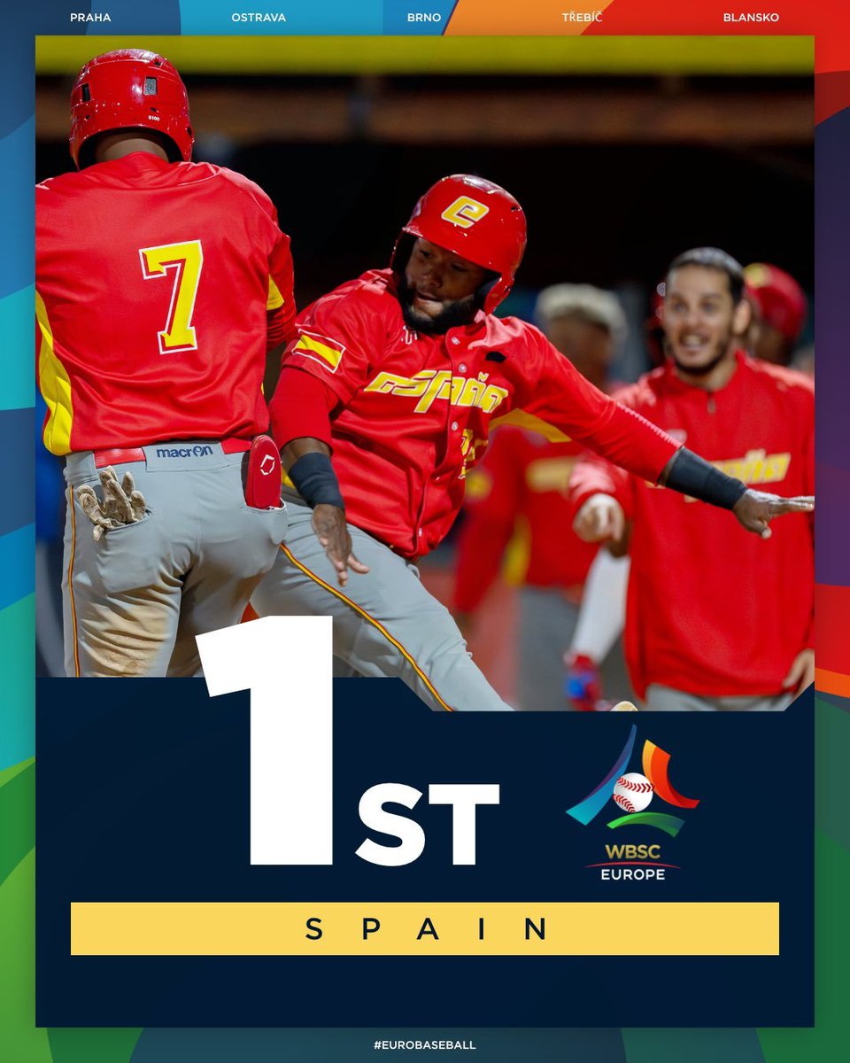 FansMLBSpain's tweet photo. Quien lo iba a decir: España campeona de Europa de béisbol.

España acaba de obtener el oro tras vencer 11 a 2 a la selección de Reino Unido en la final del #EuroBaseball2023.

¡TOOOMA!

📸 @baseballeurope https://t.co/lP1T53XgeC