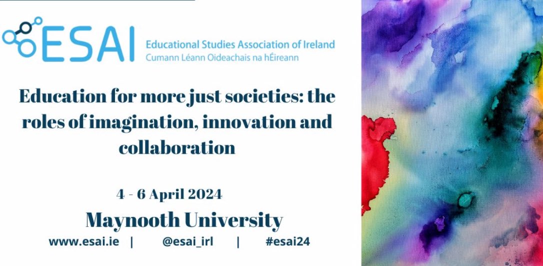Call for Proposals Now Open #CfP ESAI Conference, April 4-6 2024 @MaynoothUni ‘Education for more just societies: the roles of imagination, innovation and collaboration’ #esai24 Deadline: 19th of November. All details available at esai.ie/esai-conferenc… #edchatie #heichatie