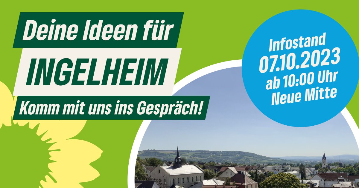 Komm mit uns ins Gespräch. 
An unserem Infostand 
📌 Neue Mitte #Ingelheim 
🗓 07.10.2023
🕙 ab 10:00 Uhr