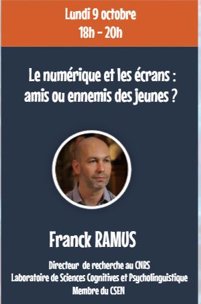 🧠#Cogniforum2023  #AFSC
📣09/10/23 à 18h00 <a href="/FranckRamus/">Franck Ramus (compte déserté)</a> ouvrira le Cogni’forum avec une conférence sur
👩‍💻 Les jeunes et les écrans, leur impact sur :
✔️le dév cognitif 
✔️la santé mentale 
L’économie de l’attention 
Le numérique éducatif 
A ne pas manquer
view.genial.ly/646b781c12f073…