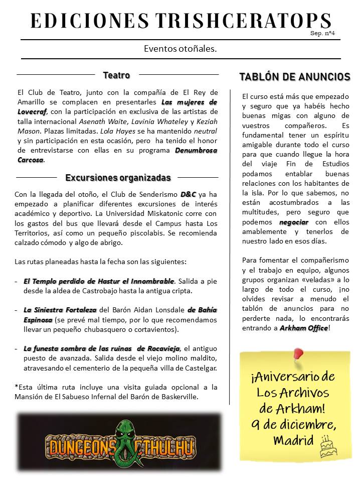 ¡Parrilla semanal de Ediciones Trishceratops! 🗞️

🎲 Rol de D&amp;C de <a href="/Edicionestyt/">Ediciones t&t</a>

🎭Representación de Las mujeres de Lovecratf en <a href="/ArchivoArcano/">Archivo Arcano</a> con entrevista en <a href="/DenumCarcosaPod/">Denumbrosa Carcosa Podcast</a>

🗓️Eventos en Arkham Office de @JJuarezTwitt con el ya fechado aniversario de <a href="/ArchivosArkham/">𝙻𝚘𝚜 𝙰𝚛𝚌𝚑𝚒𝚟𝚘𝚜 𝚍𝚎 𝙰𝚛𝚔𝚑𝚊𝚖</a> 🎂