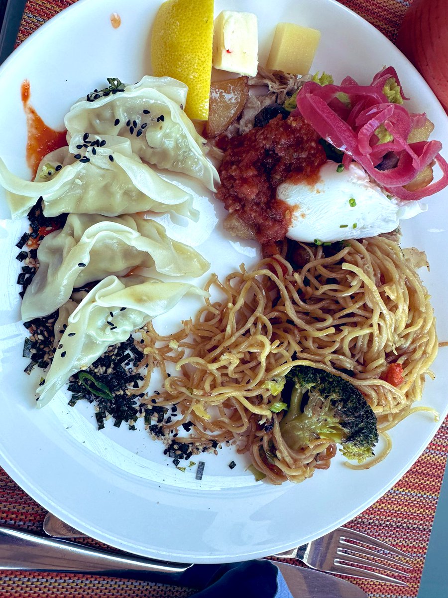 free_style_chef's tweet image. I’m not a champion but I definitely breakfasted like one… 🫢

👉 Lemongrass chicken #potstickers with #furikake and #sriracha 
👉 Vegetable #chowmein 
👉 #kaluapork #hash #benedict with #pickledonions and #lemon 
 👉 #cheese 

#yum #hawaii #vacation #breakfastofchampions #brekky
