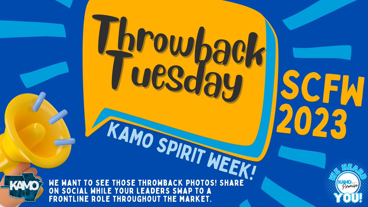 Our KAMO Spirit continues with Throwback Tuesday! We want to see those throwback photos! Share on social while your leaders swap to a frontline role throughout the market! <a href="/KAMO_GOAT/">G.O.A.T. Squad</a> <a href="/KAMO_ImMOrtals/">The ImMOrtals</a> @KAMO_A_Train <a href="/OK_GBers/">grOund breaKers</a>

#SCFW2023 #winMOORE