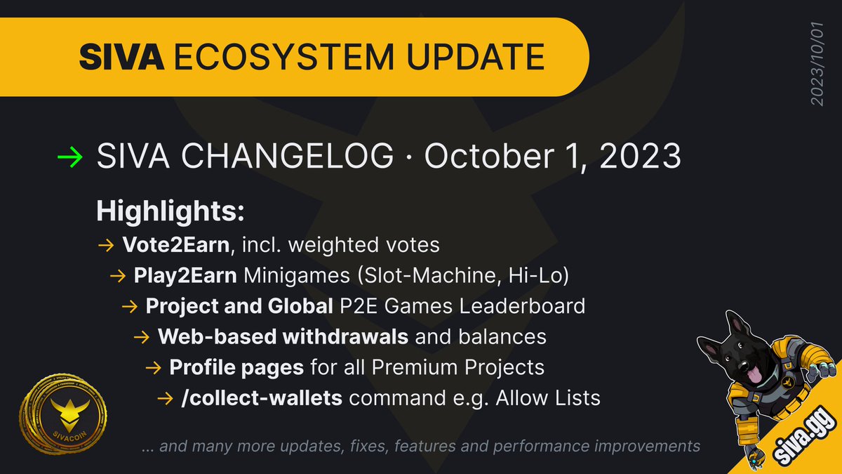 📢 #Alert: SIVA CHANGELOG · October 1, 2023 🚀

🌐 Website

NEW: Introducing Vote2Earn: Earn engagement points and XP by casting your votes on questions.

NEW: Embark on a thrilling journey with Play2Earn · Slot-Machine: Exciting spins await, offering engagement points as